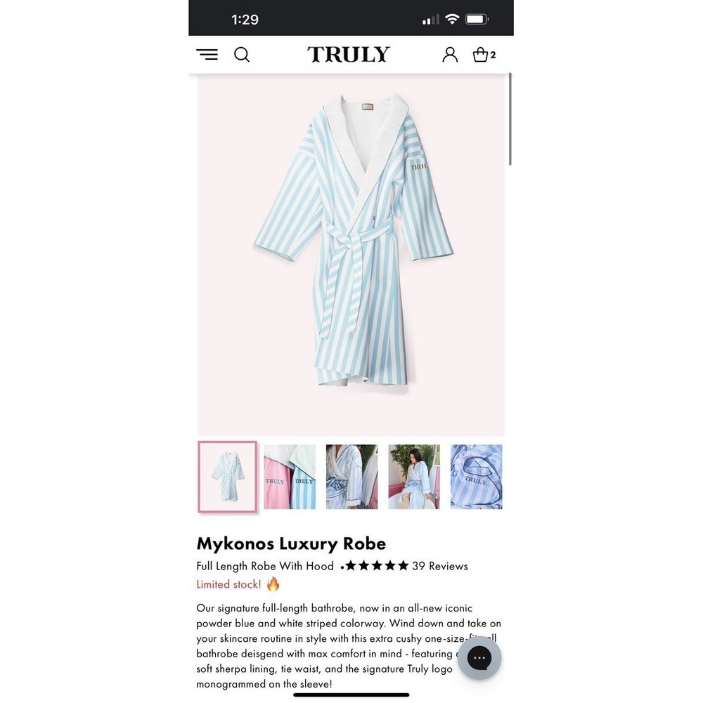 Truly Beauty Mykonos Luxury Robe Blue White Striped Sherpa Lined Hooded Bathrobe - Picture 2 of 2